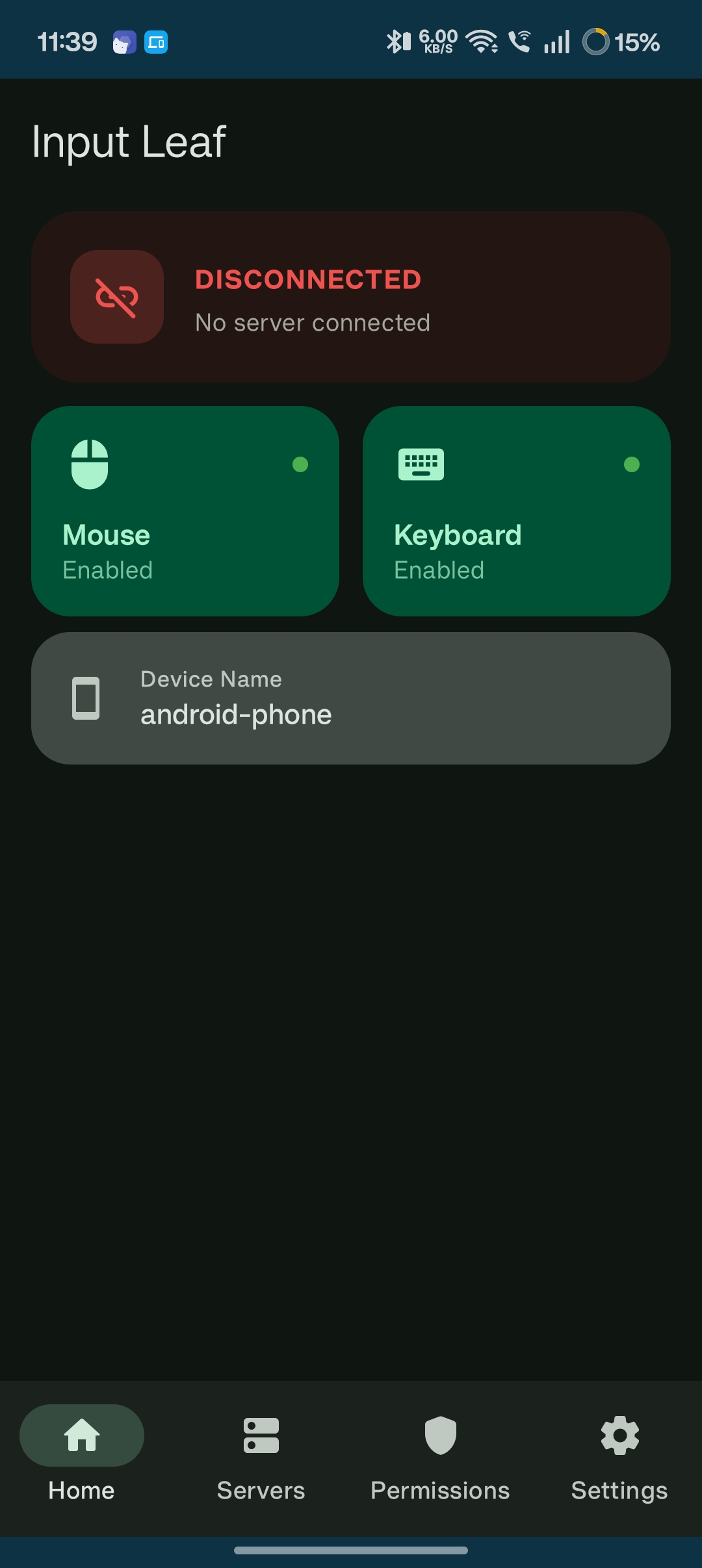 Input Leaf home screen showing discovered PC servers and connected state